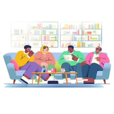 A group of four friends is sitting together in a cozy living room, engaged in a discussion about "Ethereum." The room is filled with modern technology, including a laptop and a tablet on a wooden coffee table, along with a few tech magazines scattered around. A large bookshelf in the background is lined with various books on technology and finance, with some titles clearly visible. One friend, with curly hair and glasses, is animatedly pointing at the laptop screen, while another friend, with short hair and wearing a hoodie, is listening intently. A plush sofa with colorful cushions provides comfortable seating for the group, and warm ambient lighting creates a welcoming atmosphere.