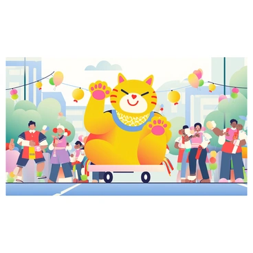 A festive parade is taking place on a sunny day. Leading the procession is a giant "lucky cat" float, bright yellow with intricate patterns and large, raised paws. The float is adorned with colorful streamers and lanterns, creating a vibrant display. Marching bands with musicians in colorful uniforms follow behind the float, playing lively tunes. Spectators line the street, waving flags and cheering, while some hold balloons of various shapes and colors. Decorative banners hang between the buildings, adding to the celebratory atmosphere.