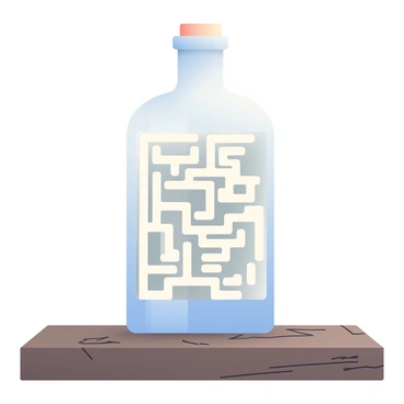 A tiny maze made of intricate white walls is inside a clear glass bottle. The bottle is positioned upright, with the opening at the top, showcasing the maze's complexity. The wooden shelf beneath the bottle has a dark brown finish, featuring visible wood grains and knots. Soft light highlights the contours of the bottle and the maze within, casting subtle shadows on the shelf. The background is blurred, emphasizing the bottle and maze as the focal point of the image.