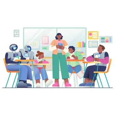 A classroom scene features a mix of students, with half being robots and half being humans. On one side, there are three humanoid robots with metallic skin and glowing blue eyes, sitting at desks and attentively facing the front. Their systems are integrated with screens displaying various data. On the other side, three children with different ethnic backgrounds are seated at traditional wooden desks, writing notes and looking at the robots with curiosity. The teacher, a middle-aged woman with short black hair, stands at the front of the classroom, holding a tablet and interacting with both the human and robot students. The walls are decorated with colorful educational posters, and there are bookshelves filled with books behind the teacher. Natural light streams in from large windows, highlighting the diverse learning environment.