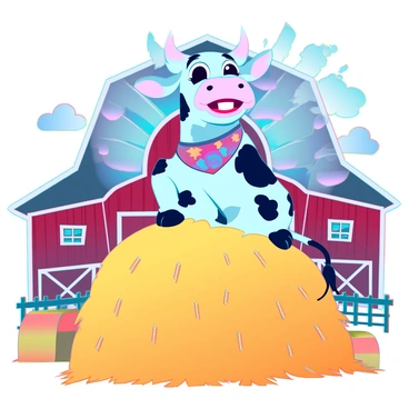 A joyful cow mascot with a big smiling face and large expressive eyes, wearing a colorful bandana around its neck, is sitting comfortably atop a large golden haystack. The cow has a shiny coat with distinctive black and white patterns. The background features a rustic barn with red paint, partially open doors revealing a bright blue sky filled with fluffy white clouds. Sunlight streams into the barnyard, casting warm golden rays on the scene, enhancing the cheerful atmosphere. Nearby, there are scattered bales of hay and a wooden fence, completing the lively barnyard setting.