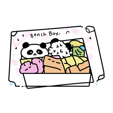 A bento box lunch displayed on a rectangular recipe card. The bento box features multiple compartments, each filled with different colorful foods. One compartment contains rice shaped like a panda, another holds vibrant vegetables like carrots and peas, and a third compartment includes pieces of grilled salmon. There are also sections filled with slices of fruit, like strawberries and kiwi. The background of the card is light pastel, with decorative borders and the text “Bento Box Recipe” in a playful font at the top.