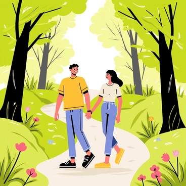 A couple walking hand-in-hand through a dense, green forest. The trees have thick trunks and vibrant leaves, creating a canopy overhead. Sunlight filters through the leaves, casting dappled light on the forest floor. The couple is smiling, wearing casual outdoor clothing. There are wildflowers in various colors blooming along the path, and a small stream is visible in the background, adding to the natural beauty of the scene.