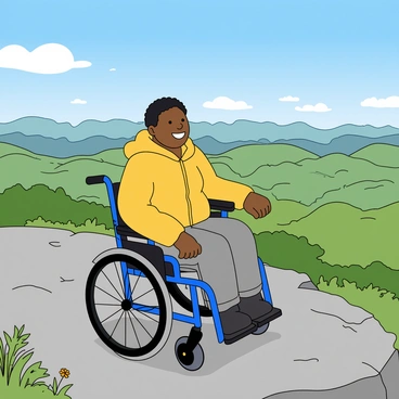 A person in a wheelchair is positioned at the edge of a rocky mountain summit. The individual has medium skin and short black hair, wearing a bright yellow jacket and gray pants. The wheelchair is modern and sleek, with a vibrant blue frame. In front of them stretches a panoramic view of rolling hills and distant mountain ranges, under a clear blue sky dotted with fluffy white clouds. The sunlight is casting soft shadows across the landscape. There are patches of green foliage and some wildflowers in the foreground, adding a splash of color to the scene. The person's expression is one of joy and wonder, capturing the freedom of the moment.