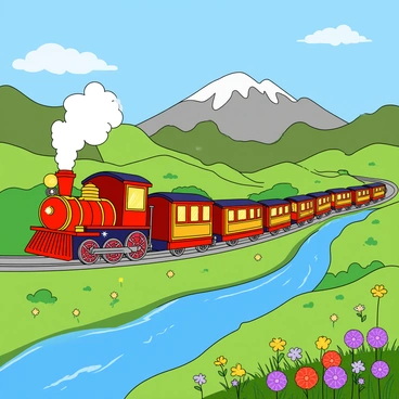 A colorful magical train with ornate carriages and glowing windows is chugging along a vibrant green valley. The train has billowing smoke emanating from its chimney, which sparkles with tiny glittering stars. Surrounding the train are rolling hills dotted with wildflowers in shades of purple, yellow, and red. In the background, majestic mountains rise against a bright blue sky, with fluffy white clouds drifting lazily. A sparkling river winds through the landscape, reflecting the colorful train as it travels onward through this enchanting scene.