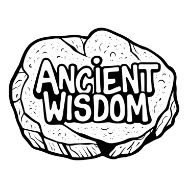 Words "Ancient Wisdom" appearing as if they are ancient fossils embedded in a textured rock surface. The rock is rugged and detailed, with cracks and crevices surrounding the words. The letters of the words are partially buried, showing signs of erosion and wear, blending seamlessly into the stone. The overall composition emphasizes the uniqueness and age of the fossilized inscriptions.