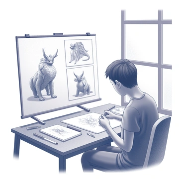 An artist sits at a drawing desk, focused on sketching a mythical creature. The artist has a pencil in hand and is intently observing a reference image. The desk is cluttered with various art supplies, including pencils, erasers, and sketchbooks. There is a large window beside the desk, allowing natural light to illuminate the workspace. The mythical creature on the page features an intricate design, combining elements like scales, wings, and unique horns. Various sketches of the creature are scattered around the desk, showcasing different poses and details.
