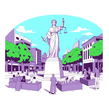 A white statue of "Lady Justice" stands tall in the center of a bustling city square. The statue is finely detailed, featuring "Lady Justice" wearing a flowing robe and holding a balanced scale in her right hand and a sword in her left. Surrounding the statue are several large stone benches where people are seated, some taking photos of the statue. Lush green trees line the edges of the square, and a clear blue sky is visible above. In the background, modern buildings and shops create a contrast to the classic figure of "Lady Justice."
