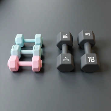 A gym floor with a variety of dumbbells arranged in a side-by-side comparison. On the left, there are lighter dumbbells in vibrant colors, such as pink, light blue, and green, each labeled with their respective weights. On the right, heavier dumbbells have a matte black finish, with bold white numbers indicating their weights. The floor is a smooth dark surface, and the lighting highlights the shapes and details of the dumbbells, creating a clear distinction between the different weights.