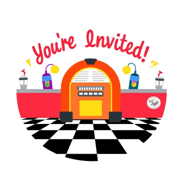 An invitation designed like a 1950s diner, featuring a vibrant jukebox with colorful lights and a shiny surface. The background has a bold black and white checkered floor that extends across the image. The diner’s classic red and white color scheme is prominent, with retro-style fonts saying “You’re Invited!” in a playful manner. There are small details like soda fountains and neon signs in the corners, enhancing the diner ambiance.
