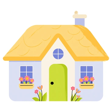 A whimsical house with a rounded shape and a thatched roof made of golden straw. The walls of the house are painted in soft pastel colors, primarily light blue and pale yellow. Flower-filled window boxes are attached beneath the windows, overflowing with vibrant flowers in shades of pink, red, and orange. A small wooden door painted in bright green stands at the center front, surrounded by a small garden with lush greenery and colorful butterflies fluttering around.