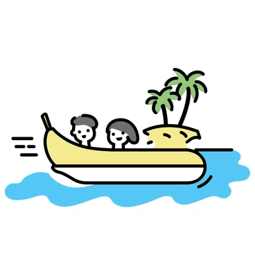 A yellow banana boat filled with smiling passengers, moving swiftly across the clear blue water. In the background, a small tropical island is visible, featuring several tall green palm trees swaying gently in the breeze. The island's sandy shore is partially covered by lush tropical foliage, creating a vibrant contrast to the ocean.