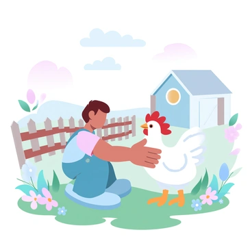 A small child is gently petting a friendly hen in a farmyard setting. The child is wearing a colorful shirt and overalls, crouching down on the grassy ground. The hen has soft feathers and a calm demeanor, standing still as the child strokes its back. Around them, there are various farmyard elements such as a wooden fence and a small barn in the background. Bright wildflowers dot the landscape, adding vibrant colors to the scene.