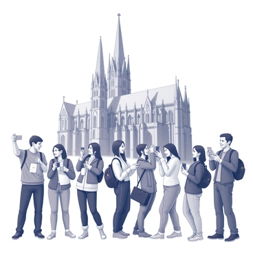 A group of tourists stands in front of "Caen Cathedral," capturing moments with their cameras and smartphones. Some are smiling while posing, while others are focused on framing their shots. The cathedral, with its intricate architectural details, towers above them, featuring pointed arches and ornate facades. A few tourists are holding banners or travel guides, adding to the lively atmosphere. The scene conveys a sense of excitement and appreciation for the historical landmark.