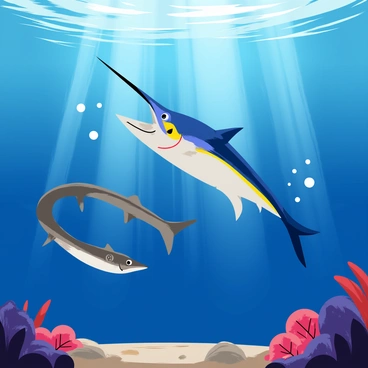 A marlin with a long, pointed bill and vibrant blue body swims gracefully in a deep, underwater scene. A sleek shark with a grayish body and sharp fins circles around the marlin, its eyes focused and alert. Bubbles rise from their movements, creating a sense of tension in the water. The ocean floor is visible with scattered rocks and coral, adding to the environment. Sunlight filters through the water's surface, casting dappled light patterns on both fish. The marlin and shark maintain a wary distance, their bodies poised for any sudden movement.