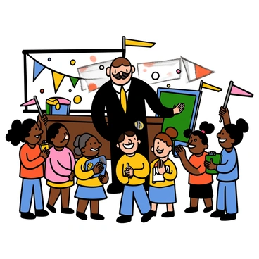 A light-skinned man with a mustache, wearing a dark suit, is standing in front of a group of children at a school event. He is interacting with the children, who have various skin tones and are dressed in colorful clothing. The children are smiling and looking up at him with excitement. Some children are holding small flags, while others have notebooks in their hands. The background features a decorated classroom with banners and drawings on the walls, emphasizing a festive atmosphere.