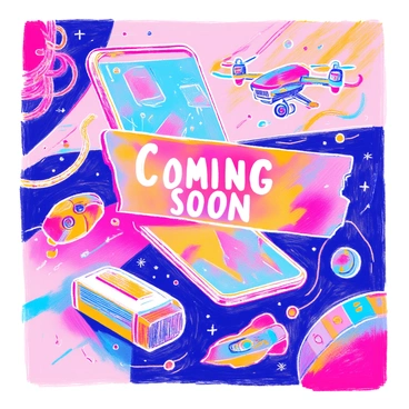 A tech event poster showcases various futuristic gadgets such as a sleek, holographic smartphone with a transparent screen, a compact drone hovering in the air, and a robotic assistant with a metallic finish. The poster is filled with vibrant colors and high-tech designs. In the center, a bold "Coming Soon" banner is prominently displayed, drawing attention to the upcoming event. Surrounding the gadgets are abstract patterns and glowing elements that enhance the tech theme.