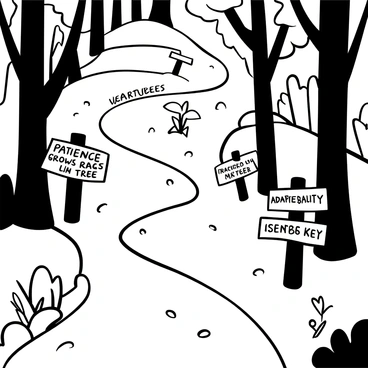 A winding nature trail surrounded by tall trees and lush foliage. Along the path, there are several wooden signs positioned at intervals. Each sign displays a distinct quote or lesson, with phrases like "Patience grows like a tree" and "Adaptability is key" etched onto their surfaces. The ground is covered with a mix of smooth stones and dirt, while the sunlight filters through the leaves, creating a dappled pattern on the trail. Small plants and wildflowers peek through the underbrush, adding to the natural ambiance.