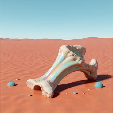 A large alien femur bone, intricately shaped and textured, is partially buried in the red sands of Mars. The bone exhibits an otherworldly glow, with swirls of iridescent colors reflecting the harsh Martian sunlight. Surrounding the femur are small, scattered rocks and pebbles, adding to the barren landscape. The red sands are finely detailed, with ripples and grooves carved by the planet's winds. Above, a clear blue sky stretches out, contrasting with the reddish hues of the terrain.