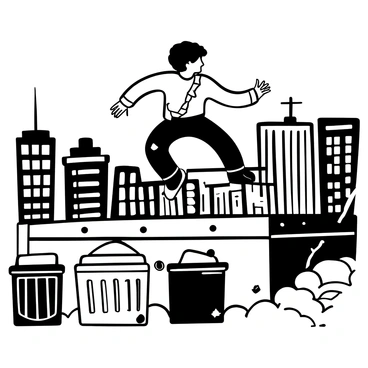 A zombie in tattered clothing is leaping over a series of urban obstacles, such as trash bins and low walls, in a cityscape filled with tall buildings. The scene captures the zombie's dynamic motion as it vaults over a railing and lands on a rooftop. There are scattered debris and broken glass around, adding to the chaotic atmosphere of the city. In the background, a silhouette of a distant skyline can be seen, with antennas and rooftops outlined against the sky.