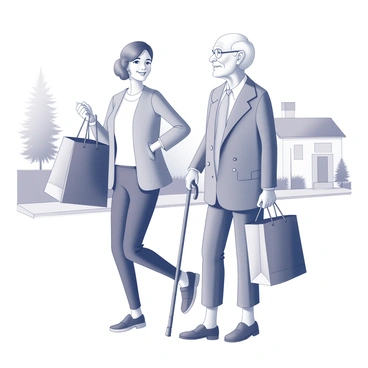 A person carrying multiple grocery bags is walking alongside an elderly neighbor. The elderly neighbor, with a gentle expression, is leaning slightly on a cane. The scene captures a moment of connection, with the younger person smiling warmly while looking at the neighbor. The background features a quaint residential area, including a few trees and a sidewalk. The overall interaction conveys a sense of support and community, highlighting the kindness between the two individuals.