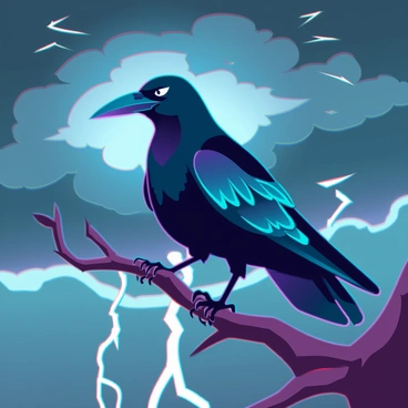 A raven perched on a bare branch against a stormy sky