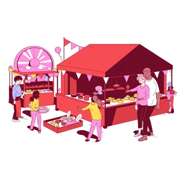 A red tent covered with cheerful banners is set up at a local fair. Families are gathered around various food stalls adorned with colorful displays of snacks. Children are playing games, with a pink wheel of fortune in the background. The ground is filled with vibrant decorations, including balloons and streamers hung between stalls. Nearby, a father is lifting his child to reach for a prize at a game booth, while a mother holds a tray of freshly made treats. Laughter and excitement fill the atmosphere as the families enjoy their time together.