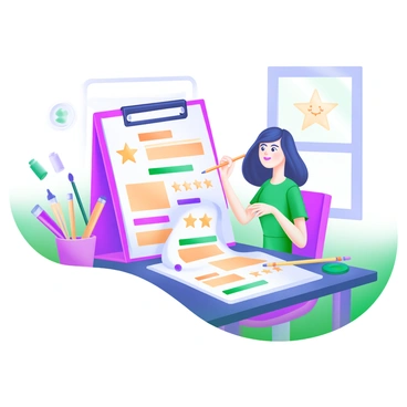 A modern pastel illustration depicting an artist sitting at a table, surrounded by colorful feedback forms. The forms are filled with "star ratings" and "smiley faces" in various expressions. The artist is examining the forms with a thoughtful expression, holding a pencil in one hand. Scattered around the table are vibrant art supplies, such as paint tubes and brushes, adding to the creative atmosphere. A bright window in the background lets in natural light, enhancing the cheerful scene.