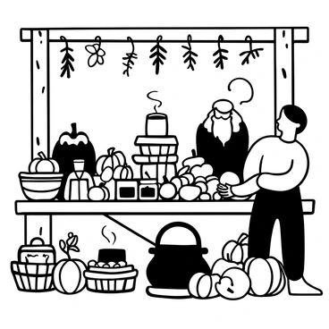 A large wooden table laden with an array of colorful fruits and vegetables, including pumpkins, squashes, and apples. There are multiple woven baskets overflowing with fresh produce placed around the table. In the center, a towering stack of bread loaves sits beside jars filled with preserves. Beorn, a strong figure with a long beard, is arranging the feast with care. A large cauldron is simmering nearby, emitting steam. Various herbs hang from a wooden beam above, adding to the ambiance of the bountiful harvest scene.