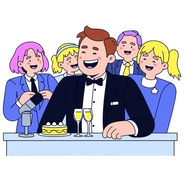 A groom with short brown hair is sitting at a table, wearing a classic black tuxedo with a white shirt and a black bow tie. He has a joyful expression on his face, revealing a wide smile as he laughs heartily. In front of him is a glass of champagne and a plate of wedding cake. At the side, a microphone is positioned on the table, indicating that a speech is being given. Guests in the background are also smiling and looking in his direction, creating a lively atmosphere. The scene is warmly lit, highlighting the happiness of the moment.