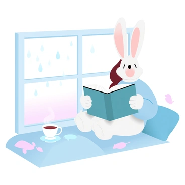 A rabbit girl with long ears is sitting by a window, holding a book open in her hands. She has fluffy white fur and is wearing a cozy sweater. Raindrops can be seen trickling down the window, with a soft light illuminating the scene from outside. A small table nearby holds a steaming cup of tea, and a few scattered leaves are visible on the window sill. The overall atmosphere is calm and inviting, with a few cushions thrown on the window seat for comfort.