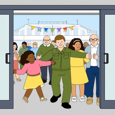 A smiling veteran in a green military uniform steps out of a sliding glass door at an airport. He has short brown hair and a warm smile on his face. As he enters, he is immediately embraced by a diverse group of family members. A young child with curly hair stands on the tip of their toes, wrapping their arms around the veteran's waist, while a woman with long hair and a bright yellow dress holds him tightly. An older man with glasses is seen clapping his hands in joy nearby. The airport terminal is bustling with people in the background, and colorful banners hang above celebrating arrivals.