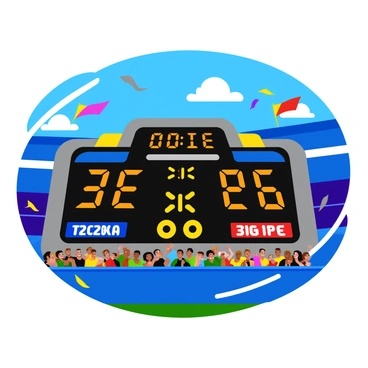 An electronic scoreboard displaying the match scores at a sports tournament. The scoreboard features bright digital numbers showing the current scores in bold, clear fonts. Surrounding the scores are colorful banners indicating the teams' names, with one team represented in blue and the other in red. The scoreboard is set against a vibrant background filled with cheering fans, and a stadium atmosphere is suggested by the presence of colorful flags waving in the air. Above the scores, a large clock counts down the remaining time in the match, highlighted in glowing white.