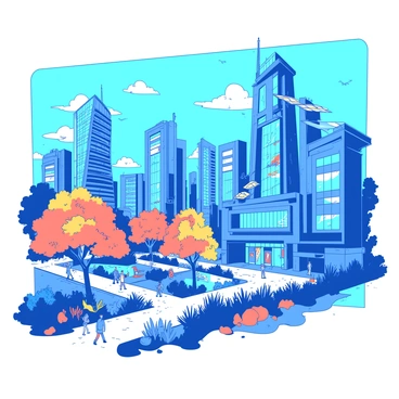 A bright blue solar punk city skyline featuring futuristic buildings constructed from glass and metal, adorned with lush greenery and vertical gardens. The architecture includes solar panels integrated into the rooftops and large windows allowing natural light to flood the interiors. In the foreground, there are vibrant orange trees and colorful flower beds lining the walkways, while people stroll along paths surrounded by abundant vegetation. The sky is dotted with small white clouds, enhancing the lively atmosphere of this sustainable urban environment.