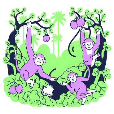 A dense jungle scene filled with lush greenery. In the foreground, several monkeys are playfully interacting among the branches. One monkey hangs upside down, reaching for a cluster of hanging passion fruits. Another monkey swings from a vine, its eyes focused on the ripe fruits. Nearby, a third monkey sits on a thick branch, curiously inspecting a fruit. Various leaves and vines drape around the scene, adding to the vibrant atmosphere of the jungle. In the background, tall trees rise, their canopies providing shade to the lively interactions below.