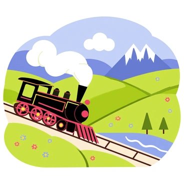 A vintage steam train with a shiny black engine and red accents travels along a narrow track. The landscape features rolling green hills dotted with colorful wildflowers. In the background, a bright blue sky is filled with fluffy white clouds. Majestic mountains rise on one side, while a tranquil river winds through the vibrant scenery. The train releases a plume of white steam as it moves, creating a sense of motion amidst the serene setting.