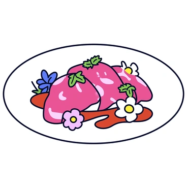 A round white plate holds a beautifully arranged serving of Kobe beef, sliced into thin pieces, showcasing its marbled texture. The beef is garnished with vibrant green microgreens and delicate edible flowers that add color to the dish. A drizzle of rich sauce accentuates the flavors and complements the presentation. The background is simple and unobtrusive, allowing the focus to remain on the plate of food.