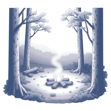 A forest clearing filled with greenery and underbrush. In the center, there is a campfire with logs arranged around it, creating a seating area. Tall trees with textured bark stand on the perimeter, their branches forming a natural canopy overhead. Sunlight filters through the leaves, casting patterns of light and shadow on the ground. The scene is tranquil, with the smoke from the campfire gently rising into the air.