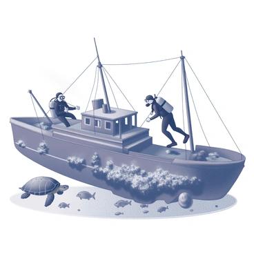 Two divers are exploring a sunken shipwreck resting on the ocean floor. The wreckage features broken masts and scattered debris, with remnants of the ship's hull partially covered in sand. Schools of fish swim around the wreck, while seaweed and coral growth adorn the metal surfaces. The divers, equipped with dive gear, are examining the ship's structure, with one diver holding a flashlight to illuminate dark crevices. Nearby, a large sea turtle glides gracefully, adding to the vibrant underwater scene.