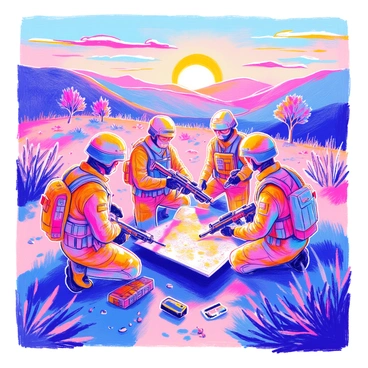 A group of operators in tactical gear is gathered together in a rugged outdoor setting. They are checking their equipment, which includes weapons, communication devices, and various survival gear. The sun is rising over the horizon, casting a warm golden light that illuminates the scene. In the background, there are rolling hills and sparse trees silhouetted against the colorful sky. The operators are focused on their task, with one pointing towards a map while others stand ready with determined expressions. The atmosphere conveys a sense of urgency and preparation for the mission ahead.