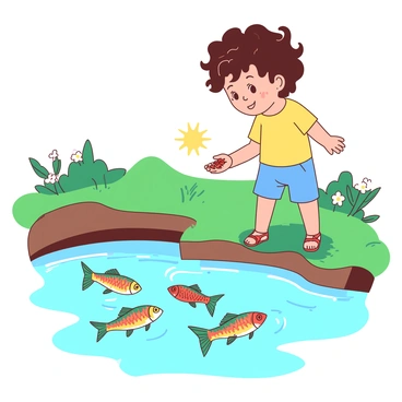A small child with curly brown hair is standing at the edge of a park pond, holding a handful of fish food in their open palm. The child is wearing a bright yellow t-shirt and blue shorts. In front of the child, several colorful fish with orange and teal scales are swimming eagerly to the surface, creating ripples in the water. The sun is shining down, casting reflections on the pond's surface. The surrounding area is filled with green grass and a few blooming flowers, adding to the vibrant setting.