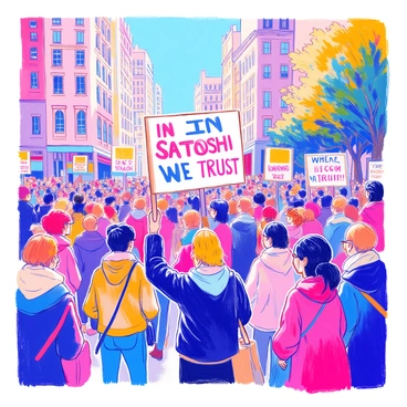 A group of protesters is gathered in a lively city square. They are holding up signs that read "In Satoshi We Trust." The protesters come from diverse backgrounds, showcasing a mix of ages and ethnicities. Some have determined expressions, while others show enthusiasm. The square is bustling with activity, featuring tall buildings and trees in the background. Many people are passing by, some stopping to observe the protest. The atmosphere is charged with energy, as the vibrant signs stand out among the crowd.
