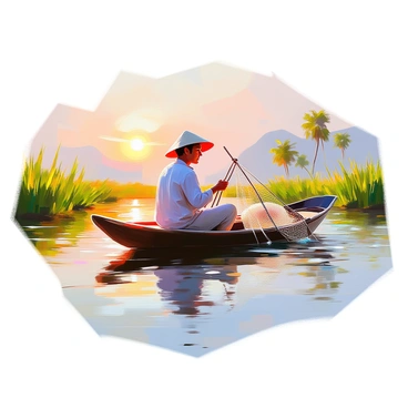 A fisherman with sun-kissed skin is skillfully steering a traditional sampan boat along a calm river. He is wearing a wide-brimmed straw hat and a simple, light-colored shirt. The boat is made of wood, featuring a flat bottom and a gently curved bow. Lush greenery lines the riverbanks, with tall grass and a few scattered trees reflecting in the water. The surface of the river is smooth, capturing the soft hues of the sky above as the sun sets in the background. A fishing net is coiled beside the fisherman in the boat.