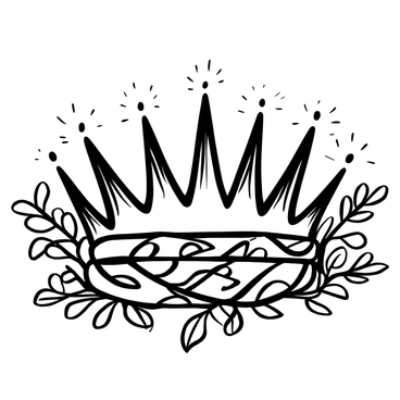 A "crown of thorns" rests at the center of the image, intricately designed with sharp, protruding spikes. Surrounding the crown are "lush, green vines" that wrap around its base and weave through the thorns. The vines are thick and full of leaves, creating a contrast with the harshness of the crown. The background consists of a textured surface that enhances the prominent features of both the crown and the vines.