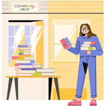 A young woman with long brown hair and glasses is smiling enthusiastically as she donates books to a small, quaint library. She is wearing a bright blue sweater and jeans. The library has a rustic wooden exterior with a colorful sign above the door that reads "Community Library." Inside, a wooden table is filled with stacked books in various colors and sizes. Several books are in the woman's hands as she places them on the table. Sunlight streams through the large windows, casting warm light across the scene.