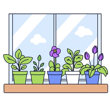 A collection of various herbs including basil, rosemary, and thyme arranged in small pots. Each pot is a different shade of green, with the herbs displaying vibrant leaves. In the center of the arrangement sits a small blooming corpse flower, showcasing its unique and striking dark purple petals. The plants are placed on a wooden windowsill, and sunlight streams through the window, casting gentle shadows on the wall. The background features a soft view of the outdoors.