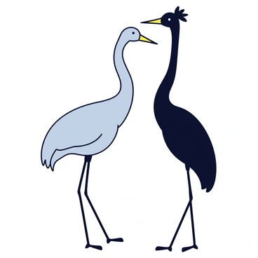 Two cranes are standing together, their long necks elegantly entwined in a display of unity. The cranes are depicted with smooth, sleek feathers, one a light gray and the other a darker shade, creating a striking contrast. Their legs are slender and positioned firmly on the ground, while their heads are raised slightly, showcasing their pointed beaks and alert expressions. The background is minimalistic, emphasizing the graceful pose and connection between the two cranes.
