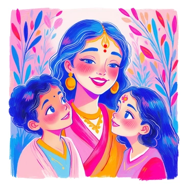 A close-up of "Durga’s face" features a warm, gentle smile. Her eyes are bright and inviting, radiating kindness and love. Surrounding her are "children," their faces filled with joy and admiration as they look up at her. The children vary in age and ethnicity, each displaying expressions of awe and happiness. The setting is filled with soft colors that reinforce a nurturing atmosphere, enhancing the overall feeling of warmth and care emanating from Durga.