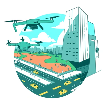 Two teal drones equipped with cameras are hovering over a bustling cityscape. The first drone is positioned above a tall white skyscraper, its camera angled downwards to scan the busy streets below. The second drone is flying slightly to the left, capturing images of a vibrant orange park filled with people. The streets are lined with yellow cars, and pedestrians are walking along the sidewalks, creating a lively atmosphere. The drones are reflecting the sunlight, their metallic surfaces glinting against the clear blue sky.