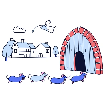 A group of small, cartoon-style rats with exaggerated features, such as large ears and round tails, are moving in a line. They are following the sound of a flute, portrayed by a wavy musical note floating in the air. The rats are exiting through a large, arched town gate made of weathered wood, with bricks surrounding the entrance. In the background, there are simple outlines of quaint houses with chimneys, and a few cartoon-style trees with curved trunks. The scene has a lighthearted, playful atmosphere.